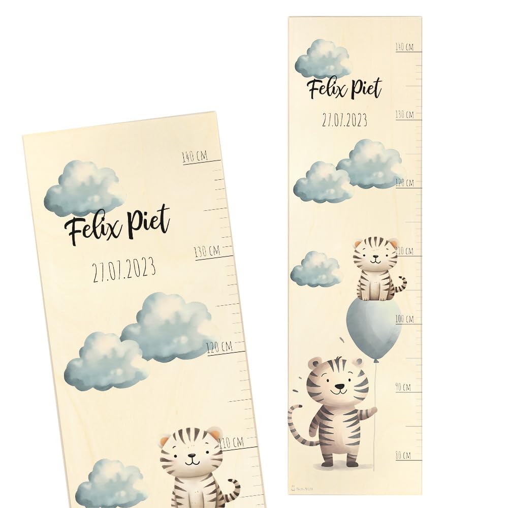 Geschenkfreude Messlatte Kinder personalisert 80-140cm - mit Tiger als Dekoration fürs Kinderzimmer - personalisierte Messlatte Kinder Holz - individuelles Geschenk zur Geburt Junge und Mädchen