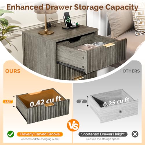 Image of VINGLI Gray Nightstands Set of 2 with Charging Station, Fluted Nightstand 3 Drawers Grey Night Stand for Bedroom, Fluted Grey Bedside Table /End Table /Side Table, 17.72 inch W*13.78 inch D*23.62 inch H, 2 pcs