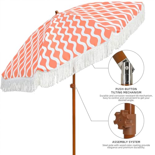 Image of AMMSUN 7ft Patio Umbrella with Fringe Outdoor Tassel Umbrella UPF50+ Premium Steel Pole and Ribs Push Button Tilt, Wave Pink Champagne