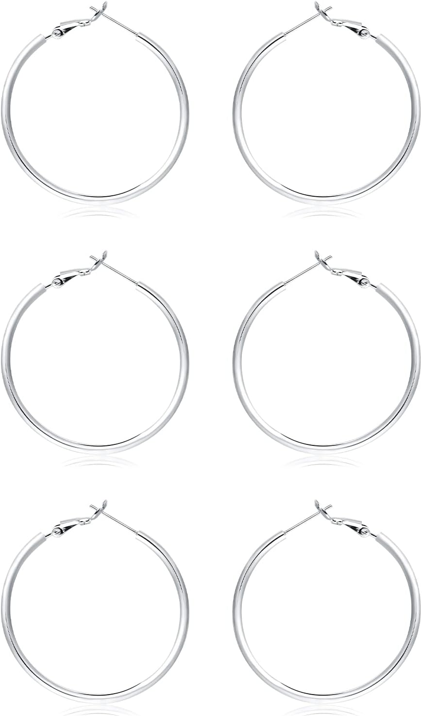 3 Pairs Sterling Silver Hoop Earrings, 14K White Gold Plated Big Hoop Earrings Set for Women 40 50 60MM