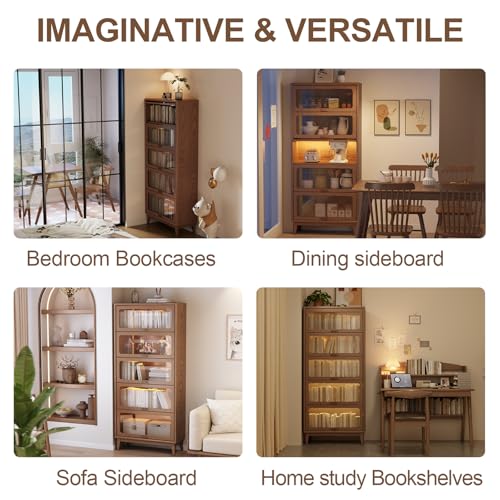 Image of Solid Wood Bookcase 5 Tier Bookshelves with Tempered Glass Flip-Up Doors ,Brown Finish Cube Storage Organizer, Bookshelf Versatile Pantry Cabinet with Storage for Kitchen Home Office72Hx13.7Dx32W inch