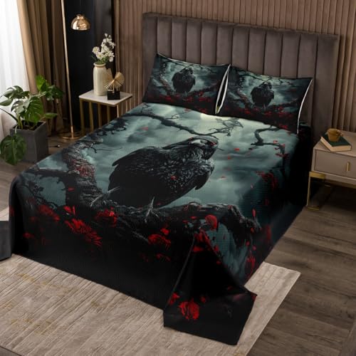 Feelyou Crows Bedspread Queen Kids Ravens Halloween Quilted Coverlet for Boys Girls Gothic Art Halloween Coverlet Set Quilted Room Decorations,1 Bedspread+ 2 Pillow Shams