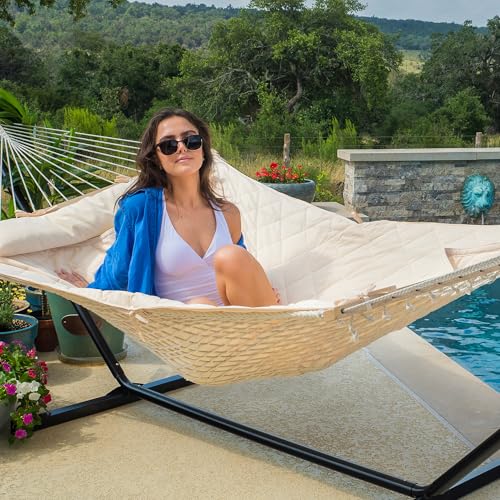 Image of ANOW Two Person Hammock with 12FT Stand, Large Rope Hammock 76 inchx52 inch, Cream