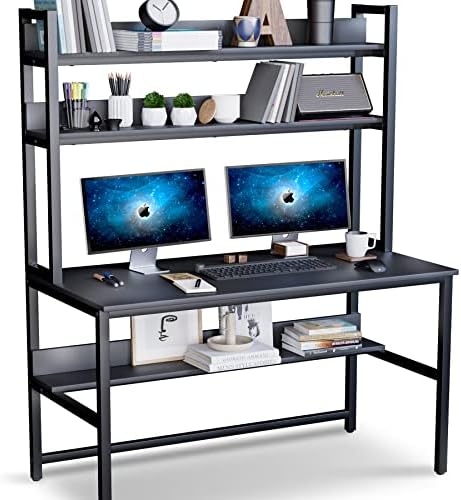 Aquzee Computer Desk with Hutch and Bookshelf, 47 Inches Black Home Office Desk with Space Saving Design, Metal Legs Table Desk with Upper Storage Shelves for Study Writing/Workstation, Easy Assemble