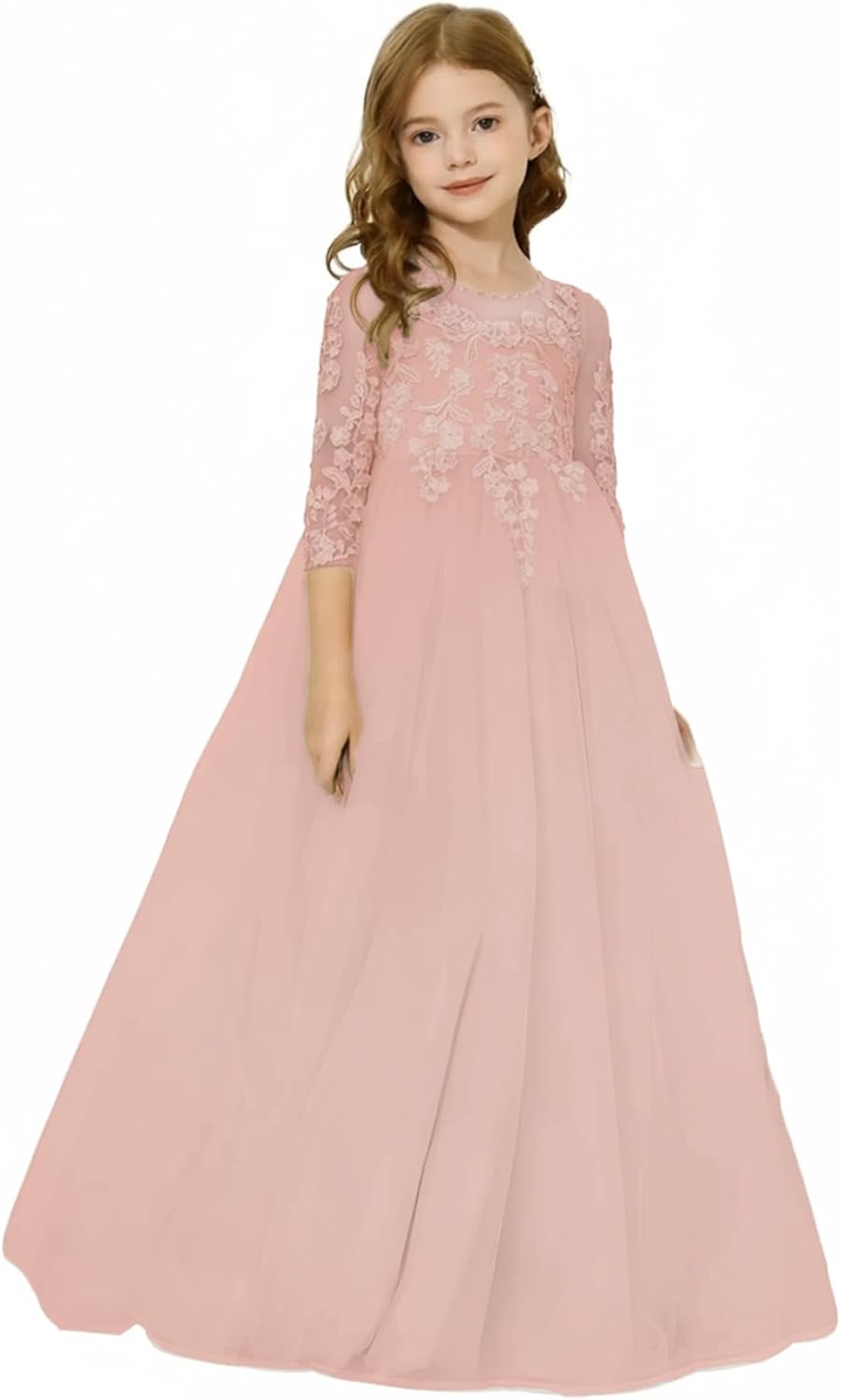 Abaowedding Lace Floral Appliques Flower Girl Dress, 3/4 Sleeve Girls Pageant Tulle Ball Gown