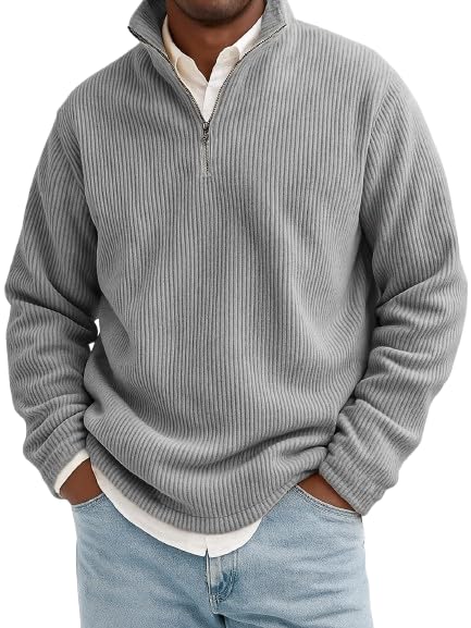 Mokaloha Mens Shirts Quarter Zip Sweatshirt Men's Stylish Quarter-Zip Corduroy Ribbed Polo Sweatshirt