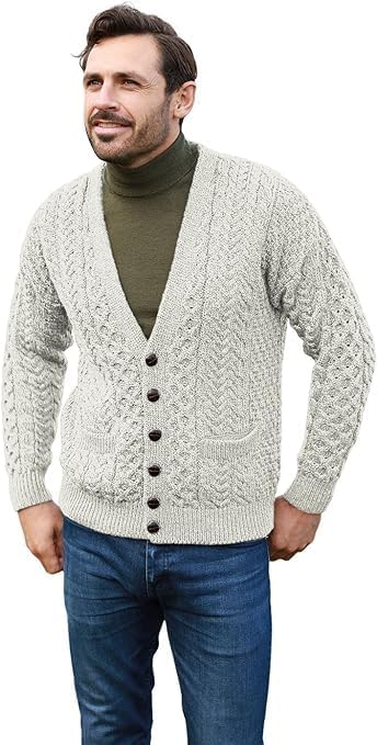 Aran Woollen Mills Men's Irish Cable Knit Cardigan Sweater, 100% Soft Merino Wool, V-Neck Buttoned with Pockets, Clare Island - Image 6