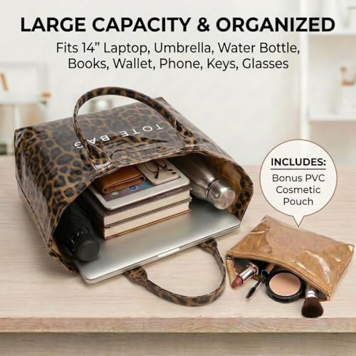 Image of PVC Tote Bag Gifts for Women Large Tote Purse Kraft Paper Letter Print Hobo Handbags for Work Beach Shopping Travel