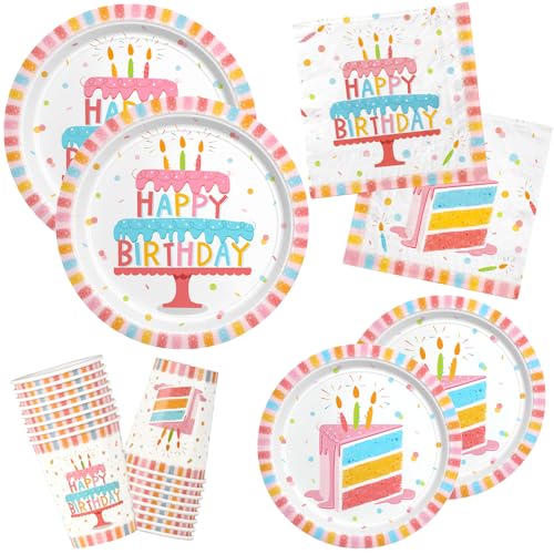 Happy Birthday Party Supplies Set for 16 -Kit with Cake Design - Includes Happy Birthday Plates and Napkins, Disposable Paper Cups, Serves 16