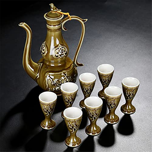 Dispensador de vino de regalo, copa de vino blanco, celadón, juego de vino de cerámica, Flagon, taza antigua, copa de vino trípode (color: A) (A)