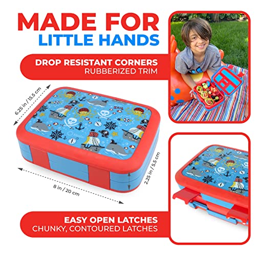Image of Bento Box with Thermo and Insulated Lunch Bag Set for Kids Boys Toddlers, 5 Compartment Lunch-box with Ice Pack and Utensil, For Hot and Cold Food, Soup, Blue Pirates