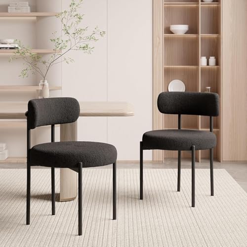 Hawthyhome Esszimmerstühle 2er Set丨Teddy Stoff Runde Boucle Stühle·Mid-Century gepolsterte Küchenstühle·Dining Chairs mit Metallbeinen· Schwarz