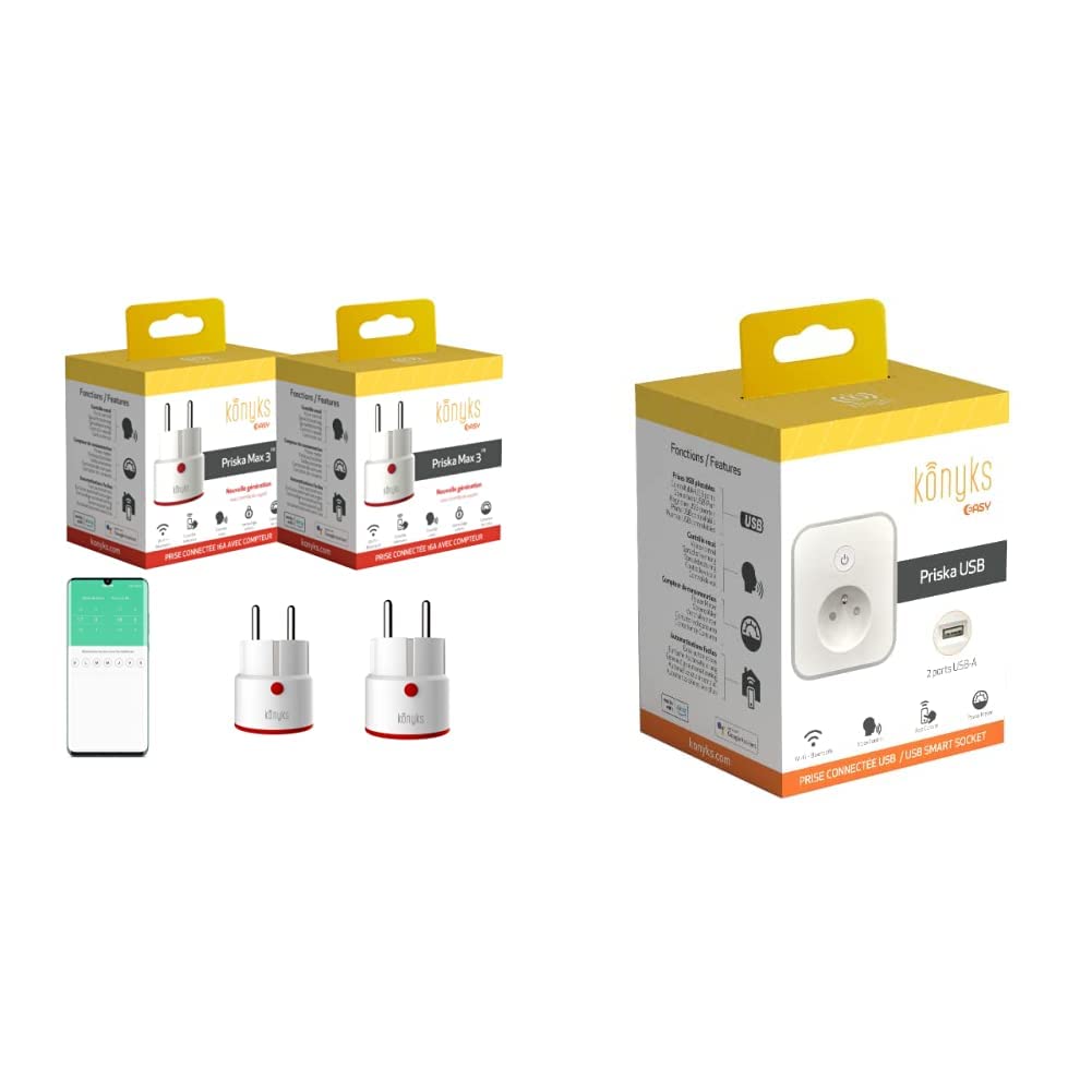 Prises connectées Konyks Priska MAX 3 FR DUAL PACK - WiFi+BT, Fonctions avancées, 16A, compteur de consommation, compatible Alexa, Google Home & Tuya, lot de 2 & Prise connectée Intelligente PRISKA