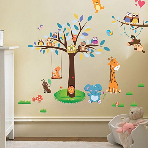 Napravi Rs Decorations Murales Accessoires Et Decorations Wallpark Dessin Anime Animal Zoo Mignon Elephant Lion Hibou Singe Arbre Croissance Hauteur Toise Amovible Stickers Muraux Autocollants Enfants Bebe Chambre Pepiniere Diy Decoratif Stickers Mural