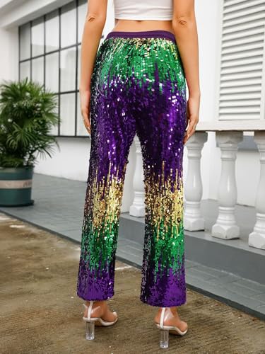 Aelidiya Women's Glitter Sequin Long Loose Pants Bling Party Clubwear Elastic Drawstring Casual Pants3