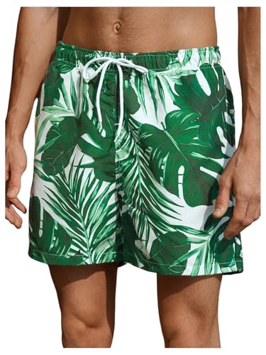 Verdusa Men's Tropical Print Drawstring Swim Trunks Straight Leg Beach Shorts