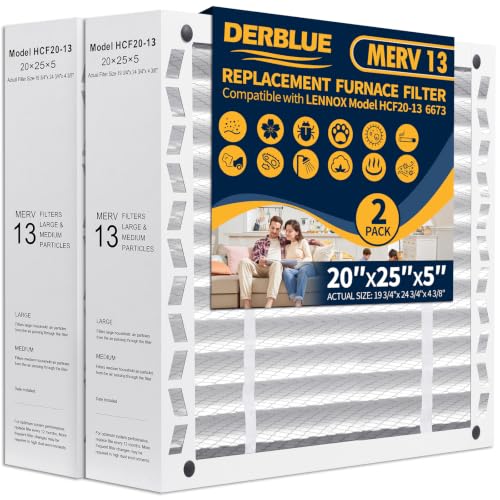 DerBlue 2PCS 20x25x5 MERV 13 Furnace Filter Replacement Compatible with Lennox X6673 HCF20 Pleated HVAC Foldable Design for Easy Installation & Space-Saving (Actual Size: 19.75 x 24.75 x 4.38 In)