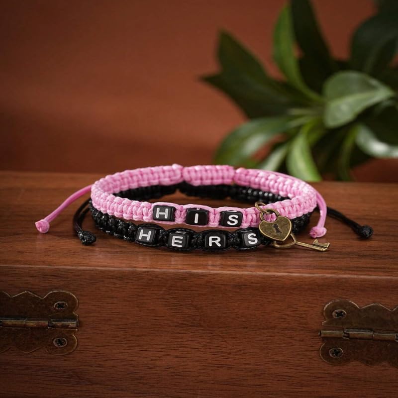 Image of AKOAK 2 Pcs HIS HERS Couple Braided Bracelet Padlock Key Pendant Hand Braided Lanyard Valentine's Day Gift Jewelry