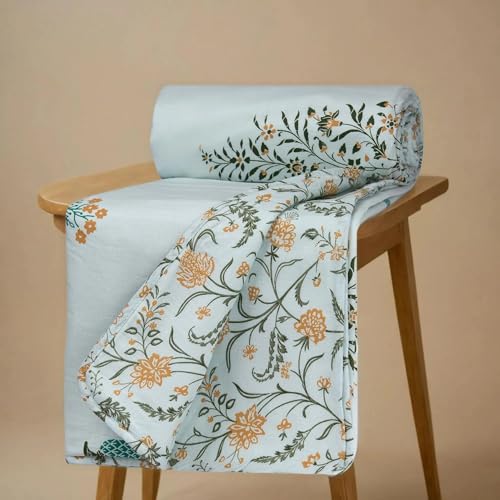 Image of Huesland 100% Cotton Reversible Dohar Toddler Size | Soft Cambric Weave, All Weather Light Comforter AC Quilt | Infants-New Born Blanket | 41x55 inches, Botanical Fusion - Celest Blue, Green & Mustard