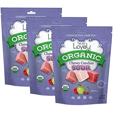 Lovely Candy Co. Organic Sour Chewy Candies 5oz Bag (3-pack) | Natural Raspberry, Apple & Cherry Flavors | Vegan, Gluten Free, Non-GMO, No Artificial Ingredients, Individually Wrapped Cover