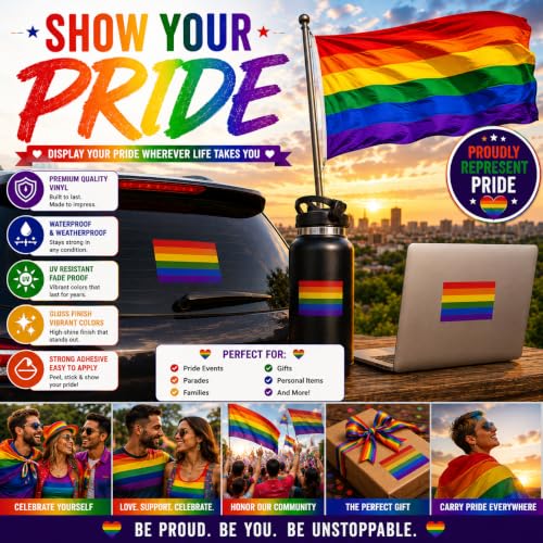 Image of Pride Flag Vinyl Flag Stickers, Car Decals, Waterproof Indoor Outdoor, Laptop Stickers, Car Bumper, LGBTQ, Gay Flag, 5 x 3 Inches, Set of 3