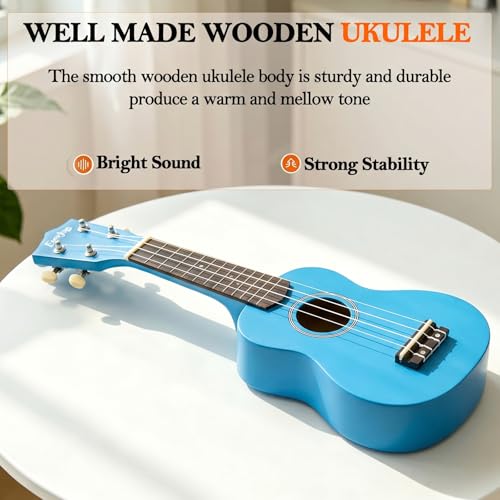 Image of Everjoys Soprano Ukulele Beginner Kit 21 Inch w /Free Online Lesson Gig Bag Tuner Picks Strap, Fast to Learn (Blue)