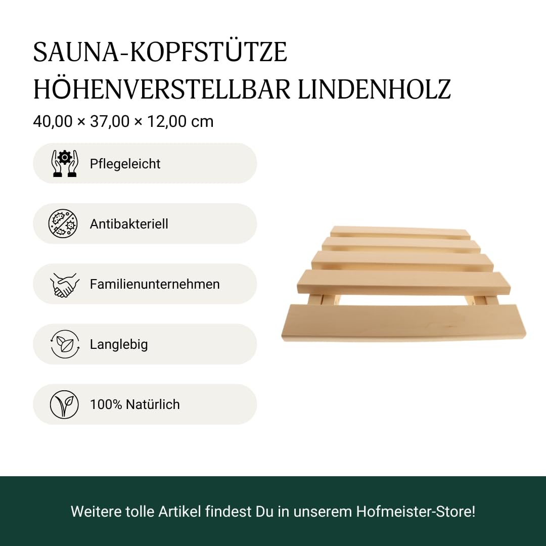 HOFMEISTER® Sauna-Kopfstütze, 40 cm, höhenverstellbar, aus robustem Linden-Holz, stabile Sauna Rückenlehne ergonomische Rückenstütze, Entspannen & Relaxen im Dampfbad