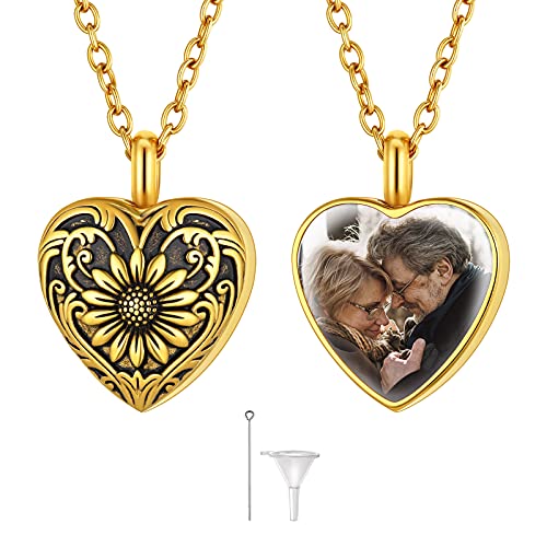 FindChic Collar Relicarios para Cenizas Personalizable Foto Chapa Oro Collar Girasol Colgante Corazón Dorado