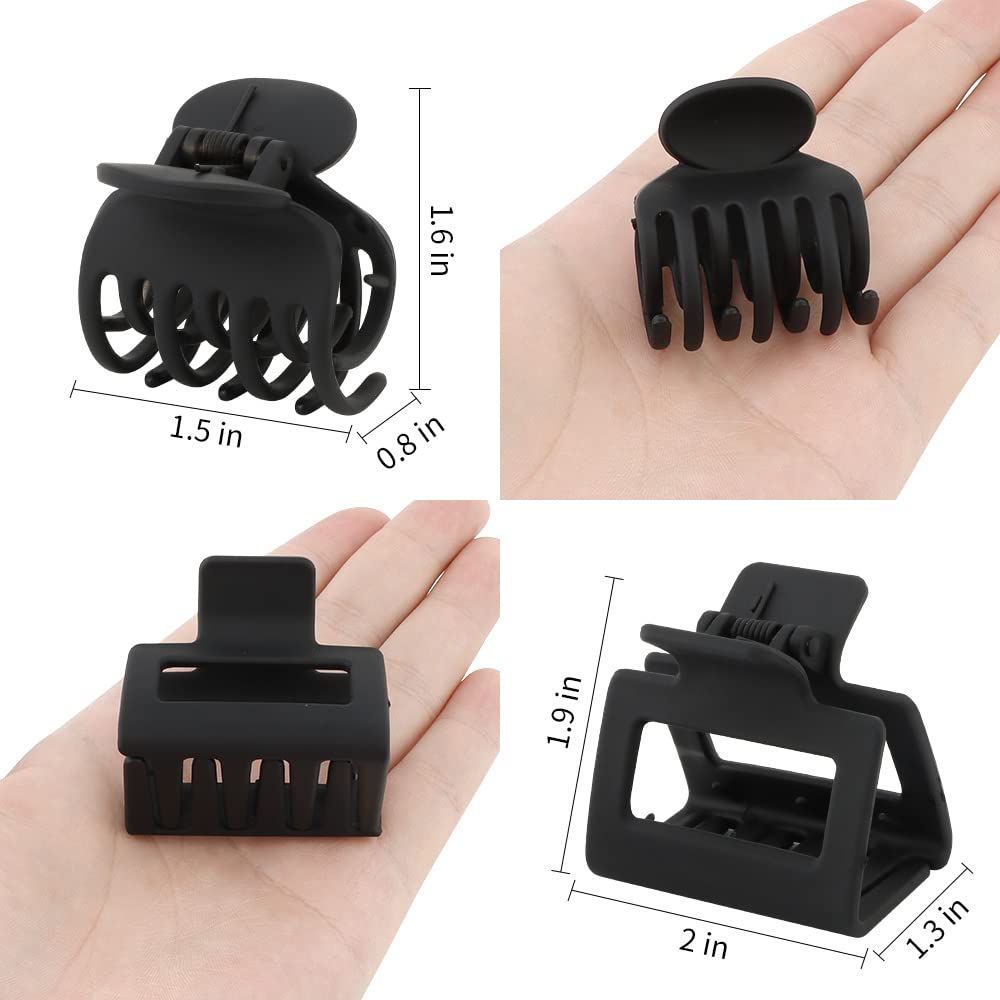 ATODEN Małe czarne klipsy, 8 szt., urocze kwadratowe 5 cm i 3,8 cm, dwurzędowe zęby, matowe, średnie mini klipsy do grubych, cienkich, cienkich włosów