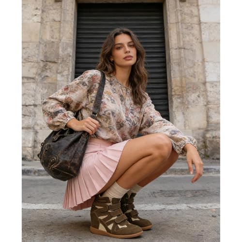 Image of Dsevht Hidden Wedge Sneakers for Women High Top Fashion Sneaker Suede High Heel Platform Tennis Triple Strappy Band Casual Vintage Dressy Comfy Campus Trendy Retro Sneaker