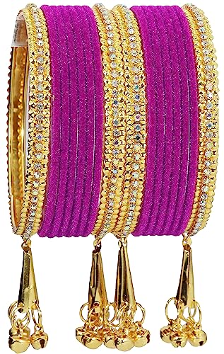 Image of NMII Metal with Zircon Gemstone and Velvet Studded Bells Latkan Bangles Set For Girls and Women I Latkan Bangles, Premium Bangle Bracelet Set I Pack of 16 Bangles
