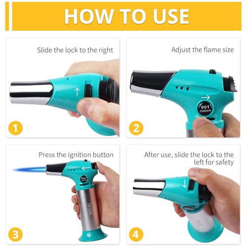Image of TBTEEK Butane Torch T901, Kitchen Torch Cooking Torch with Safety Lock & Adjustable Flame for Cooking, BBQ, Baking, Brulee, Creme, DIY Soldering(Butane Not Included), Aqua