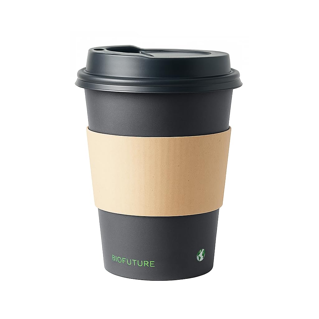 BIOFUTURE 1000 x 8oz Takeaway Disposable Coffee Cups with Black Lids and Sleeves – EN 13432 Certified, Biodegradable and Compostable Paper Cups for Coffee, Tea, and Hot Drinks (Black)