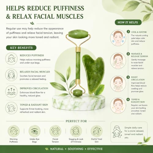 Image of ANTIL'S Jade Roller and Gua Sha Stone Set - Face Massage Roller for Skin Tightening, Puffiness Reduction & Wrinkle Care | Improves Elasticity | Beauty Tool for Women & Men