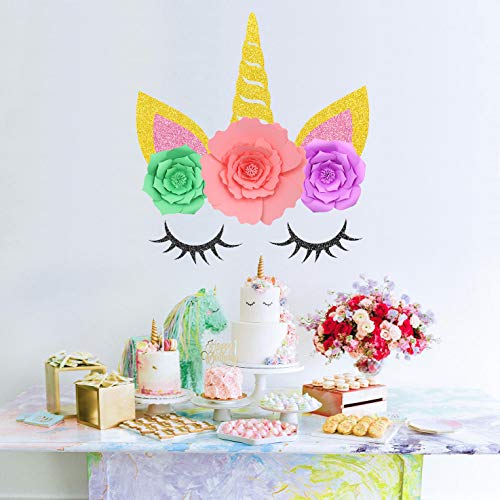 Yaaaaasss! Unicorn Backdrop Party Wall Decorations Large Horn Ears Eyelashes Face Birthday Party Flower Set (Gold Unicorn)