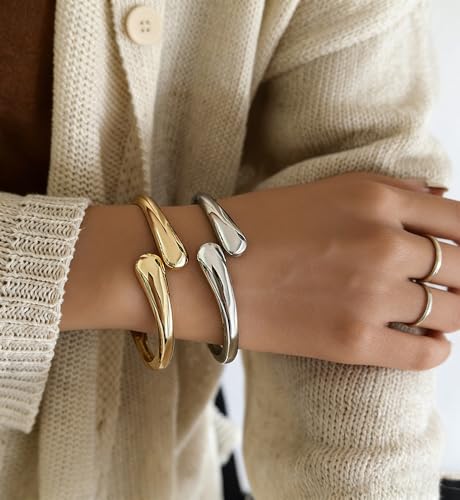 Image of Chunky Gold Bangle Bracelets for Women, Dainty 14k Gold Plated Big Stackable Bangles Set, Trendy Statement Cuff Bracelet Stack Fashion Jewelry Gifts