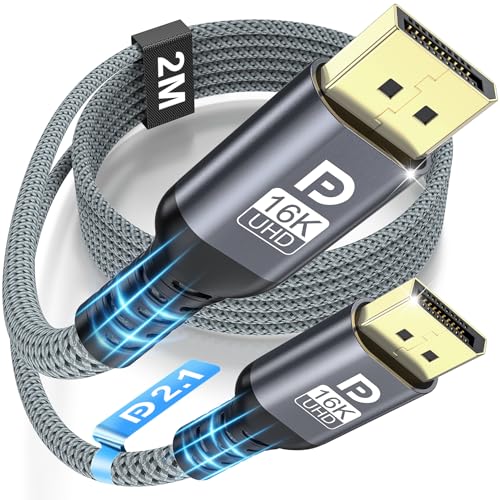 NORSHY Cable DisplayPort 2.1 16K, Cable DP 2M, 16K@60Hz, 8K@120Hz, 4K@240Hz/165Hz/144Hz 80Gbps, HDR, FreeSync, G-Sync, DSC 1.2a, HDCP 2.3 para Gaming PC Monitor TV Pantallas de Juego