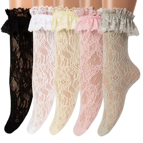 ACGarden 5 Pairs Women Ruffle Ankle Socks Trim Lace Frilled Dress Socks Set, Princess Fashion Cute Anklet (Colorful Rose)
