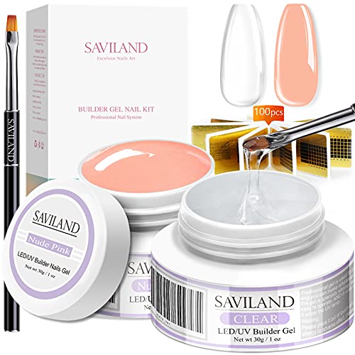 Saviland Builder Nail Gels pour ongles, 2pcs*30g Kit de gel d extension d ongle Nail Strengthen LED UV Gel Nude Clear Hard Gel Nail Art Manucure Set avec Nail Formes Nail Brush