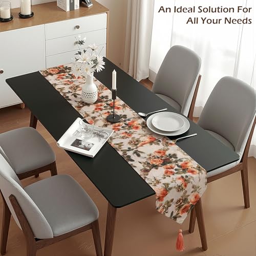 Image of Kuber Industries 16x68 inch Jute Table Runner for Party, Wedding and Family Dinners | Reusable Centre and Dining Table Runner | Flower Print - Orange