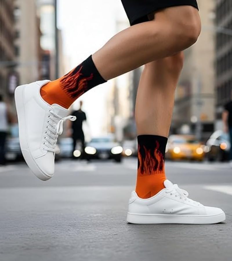Image of FIRE SOCKS Women Flame Socks Fashion Men Fire Print Crew Socks Breathable Cotton Casual for Fall Winter Sports