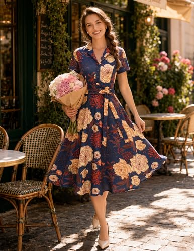 Image of Wedtrend Women's Vintage Tea Dress, Short Sleeve Cocktail Party Dress Work Church Casual Dress