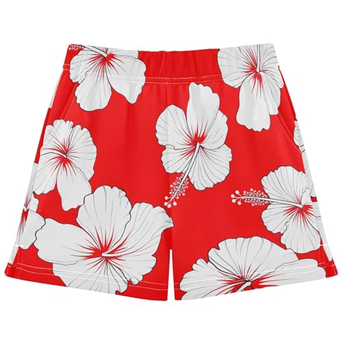 Girls Athletic Shorts Floral White Hibiscus Flowers Red Cute Casual Summer Clothing with Pockets Customized, X-Small