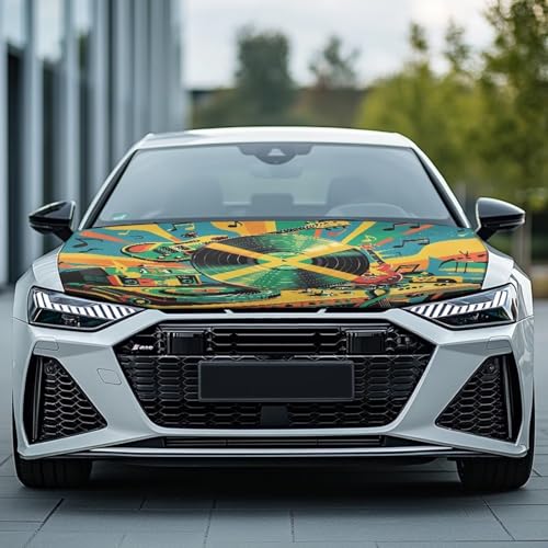 Image of Jamaican Flag Car Hood Cover Elastic Music Lover Jamaican Flag Automotive Exterior Accessories Guitar Vinyl Musical Note Pattern Sedans Hood Protection Suitable for Most Car