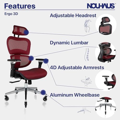 Nouhaus Ergo3D Ergonomic Office Chair Lumbar Support Mesh Office Chair with 4D Adjustable Armrest, Adjustable Headrest and Wheels, Mesh High Back Home Office Desk Chairs(Burgundy) - Image 6