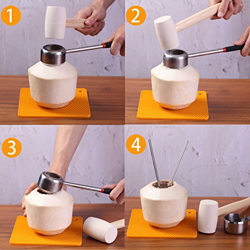 Coconut Opener Tool Set, Stainless Steel Coco Nut Opener Kit, Safe & Easy Tool To Open Young & Mature Coconuts, White Rubber Mallet, Coconut Meat Scraper, Reusable Straws And Silicone Mat #TOP3