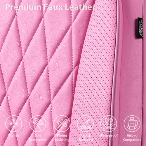 Image of CAR PASS Piping Luxury Leather Two Front Car Seat Covers, Cute Girly Waterproof Anti Slip Seat Covers Compatible with Front Seat Armrests,Universal Fit for Suvs,Vans,Trucks,Airbag Compatible(All Pink)