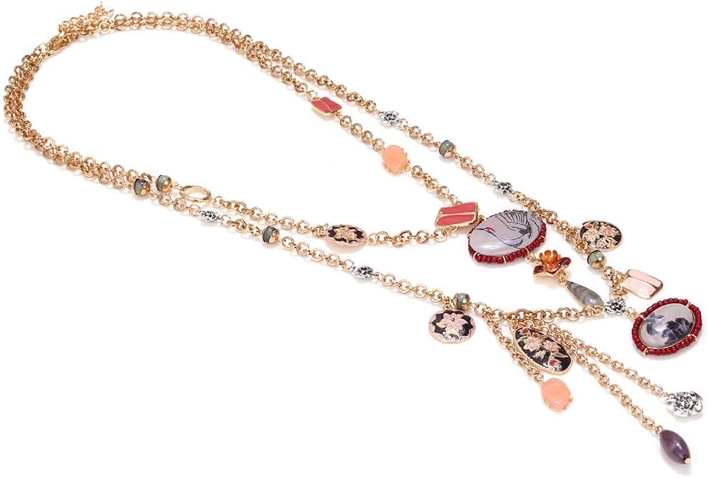 LUREME Vintage Double Layer Statement Necklace, Gold Long Chain with Hand-Painted Flower and Crane Charm, Artistic Fashion Jewelry for Women(nl006386) - Image 4