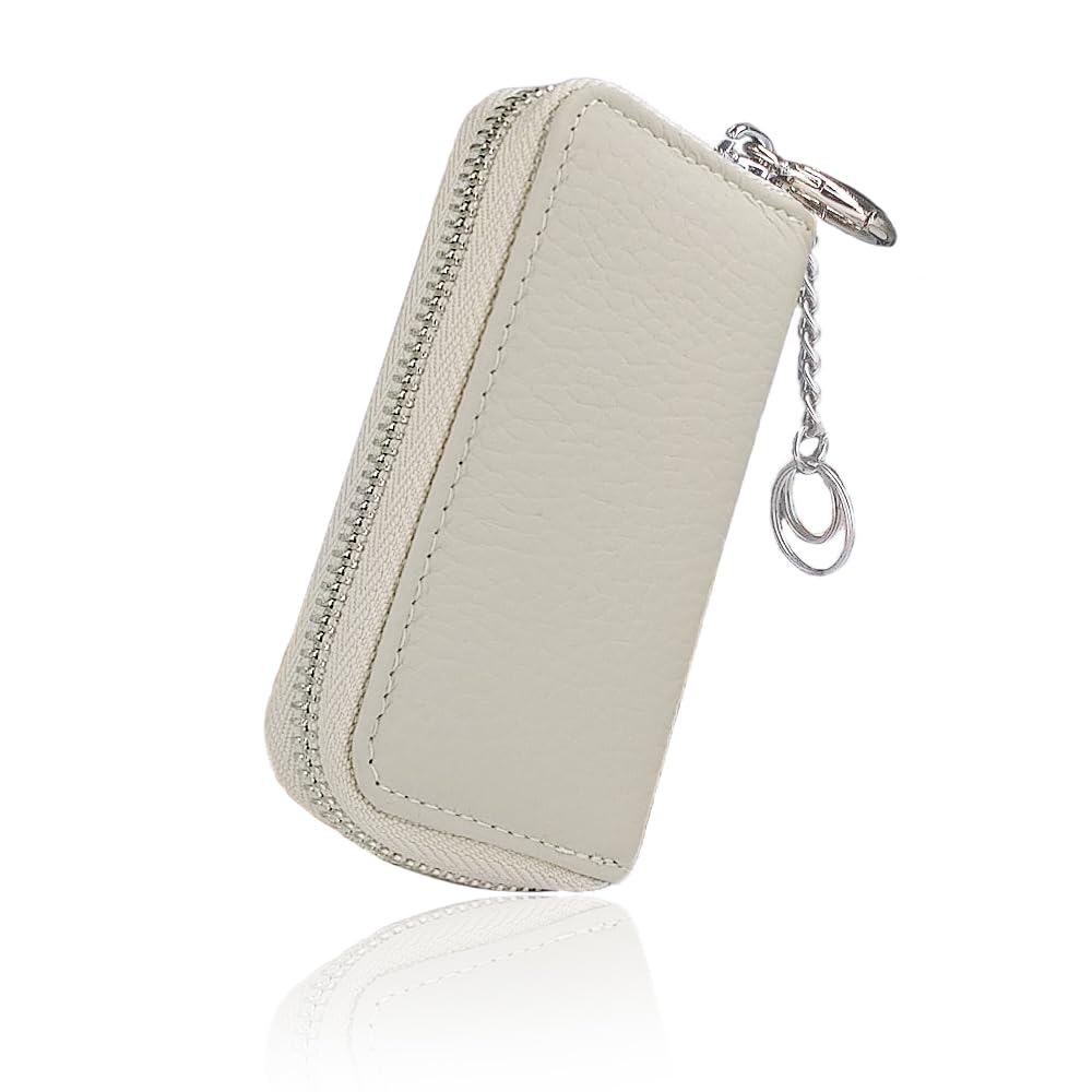 ELEGANCE-E Key Case, Smart Key Case, Compatible with Smart Keys, Men's, Women's, Genuine Leather, Grain Leather, Compact, Small, 6 Layers, Card Pocket, Large Capacity, Zipper, Ivory : Clothing, Shoes 