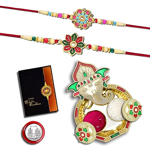 Image of Periapt (K2 558+559 AA3) Rakhi Combo with Pooja Coin, Shri Ganesh Pooja Thali / Tilak Set & Greeting Card Rakhi with plate | rakhi thali set | rakhi for brother kids | rakhi in silver | rakhi hamper | handmade rakhi | rakhi for brother & bhabhi | rakhi Set of 2